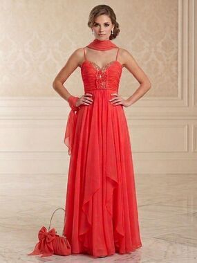 Cindy USA Coral Pink Chiffon Beaded Bodice Maxi Formal Gown with Scarf Lg